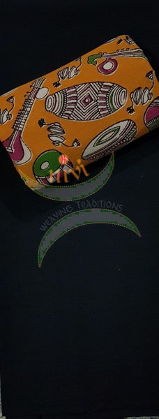 Handloom orange musical instrument motif print kalamkari dupatta and bottom with black mangalgiri Cotton top.