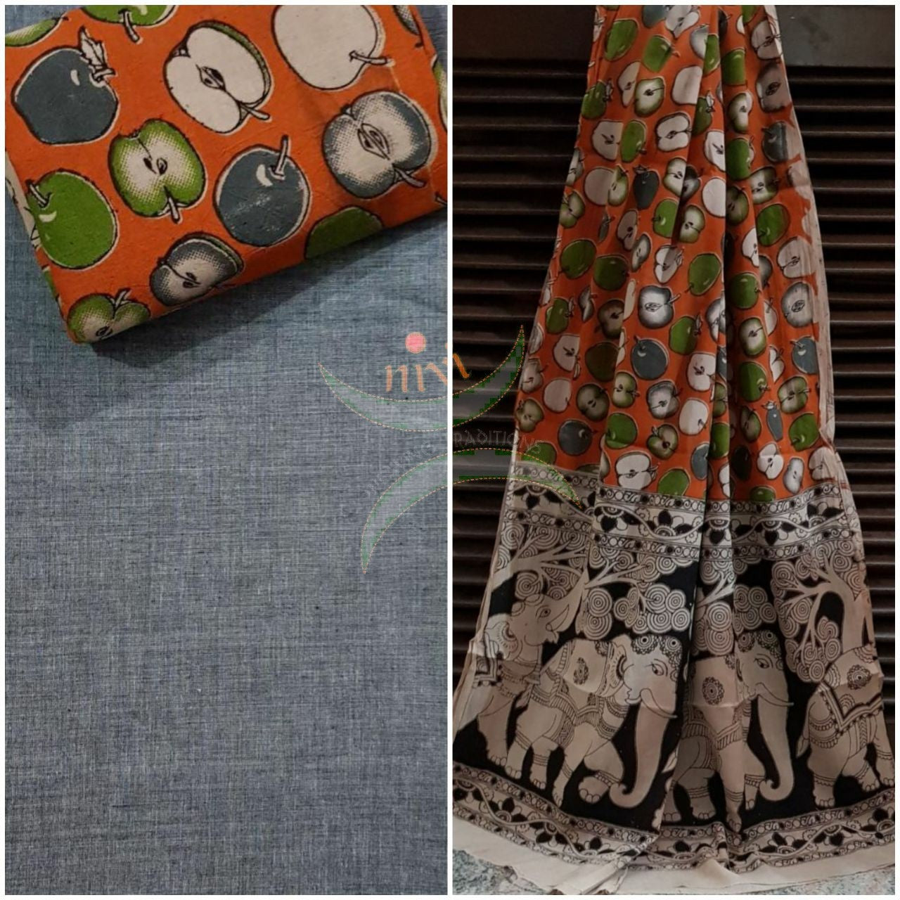 Handloom Mul cotton orange quirky apple motif print kalamkari dupatta and bottom with grey mangalgiri Cotton top.