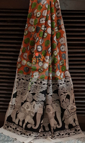 Handloom Mul cotton orange quirky apple motif print kalamkari dupatta and bottom with grey mangalgiri Cotton top.