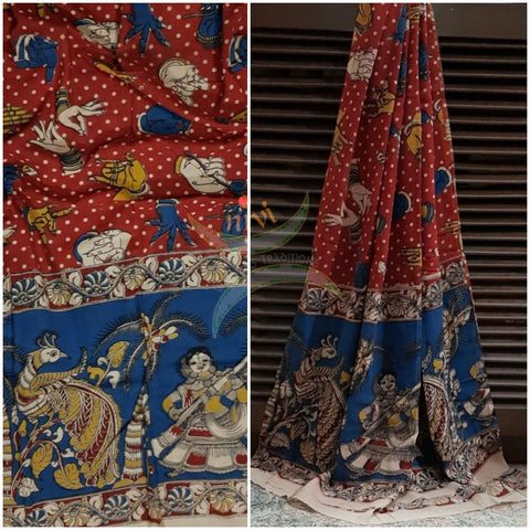 Red Handloom cotton kalamkari duppata with dancing figures and hand mudra motif