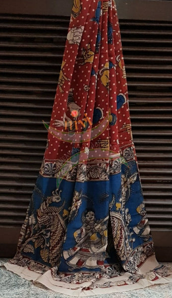 Red Handloom cotton kalamkari duppata with dancing figures and hand mudra motif