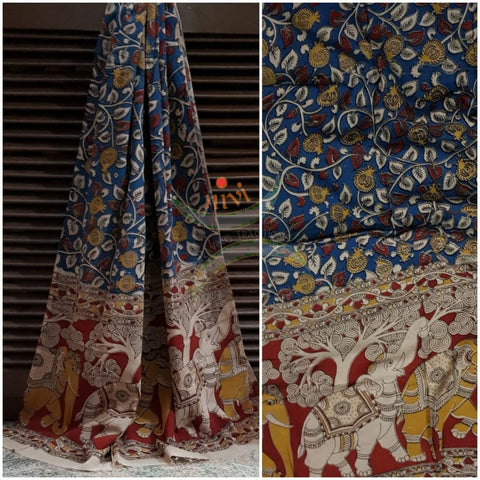Blue Handloom cotton kalamkari duppata with floral and elephant motif