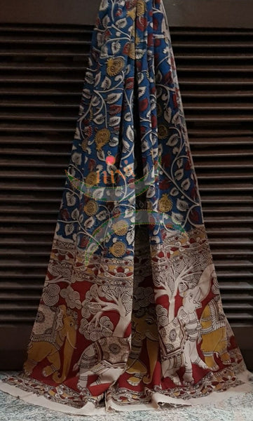 Blue Handloom cotton kalamkari duppata with floral and elephant motif