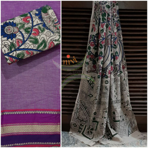 Handloom Mul cotton off white floral motif print kalamkari dupatta and bottom with purple mangalgiri Cotton top.