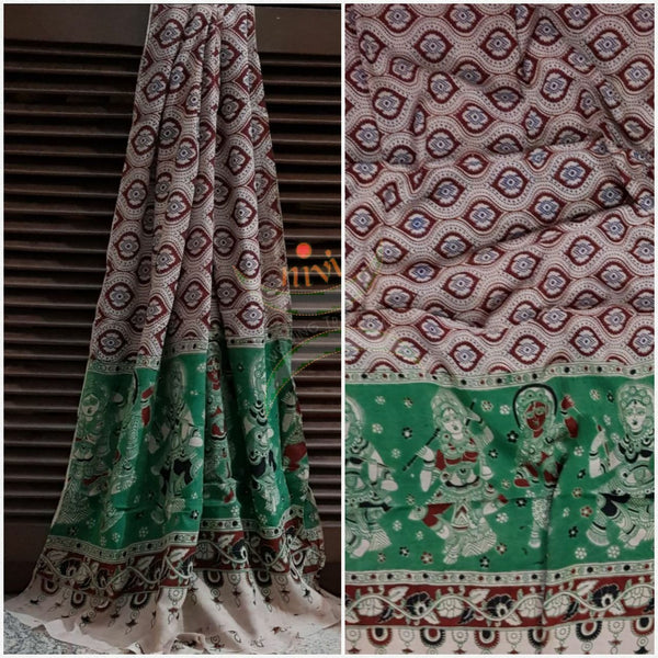 Beige Handloom cotton kalamkari duppata with paisley and dancing figures motif
