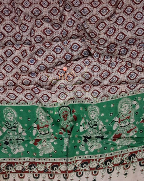 Beige Handloom cotton kalamkari duppata with paisley and dancing figures motif