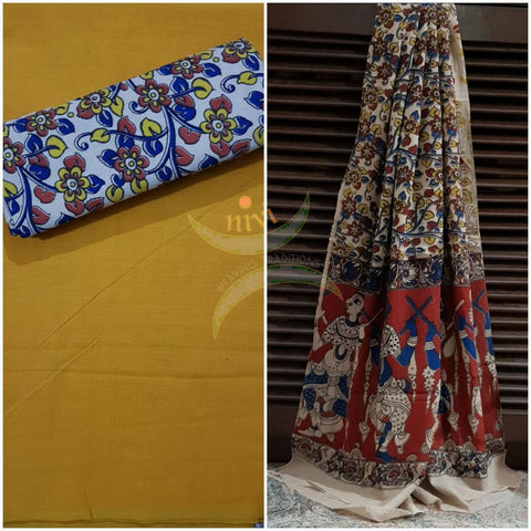 Handloom Mul cotton beige floral motif print kalamkari dupatta and bottom with mustard mangalgiri Cotton top.