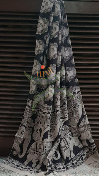 Handloom Mul cotton black kathakali face motif print kalamkari dupatta and bottom with grey mangalgiri Cotton top.