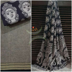 Handloom Mul cotton black kathakali face motif print kalamkari dupatta and bottom with grey mangalgiri Cotton top.