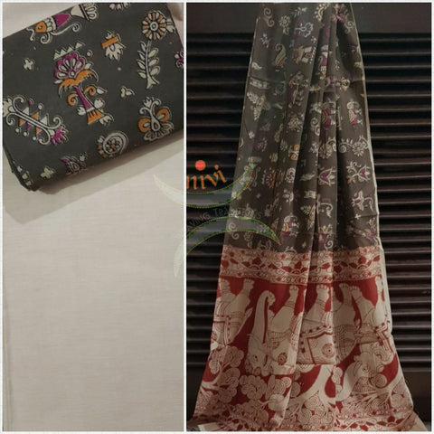 Handloom Mul cotton mehendi green abstract motif print kalamkari dupatta and bottom with off white mangalgiri Cotton top.