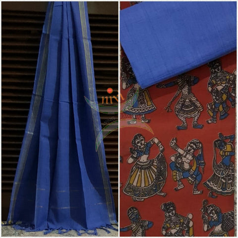 Red Handloom Mul cotton dancing figure motif print kalamkari top with contrasting plain cotton dupatta and salwar.