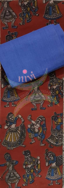 Red Handloom Mul cotton dancing figure motif print kalamkari top with contrasting plain cotton dupatta and salwar.