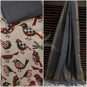 Beige Handloom Mul cotton bird motif print kalamkari top with contrasting grey cotton dupatta and salwar.