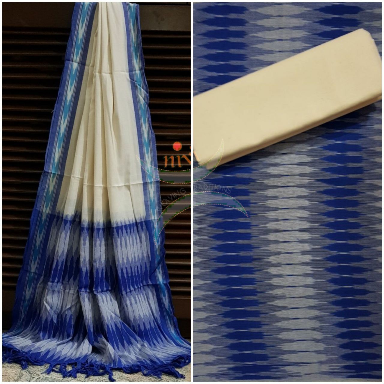 Blue and white pochampalli ikat Handloom Cotton 3 piece dress material set.