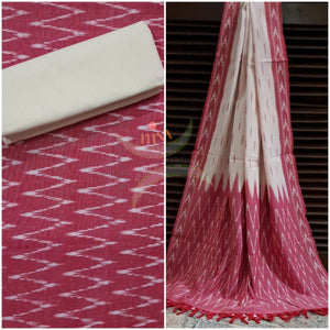 Pink and white pochampalli ikat Handloom Cotton 3 piece dress material set.