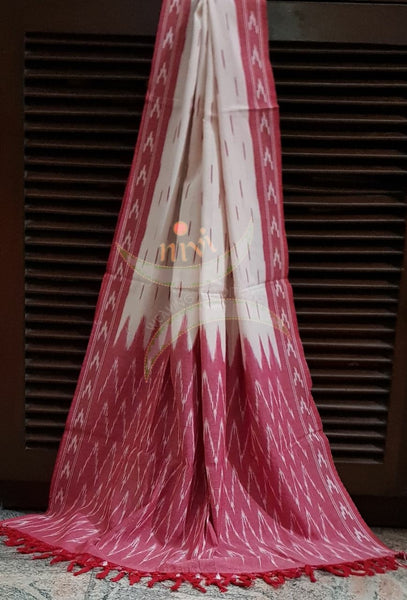 Pink and white pochampalli ikat Handloom Cotton 3 piece dress material set.