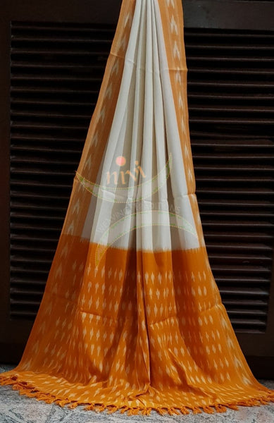 Tumeric yellow and white pochampalli ikat Handloom Cotton 3 piece dress material set.