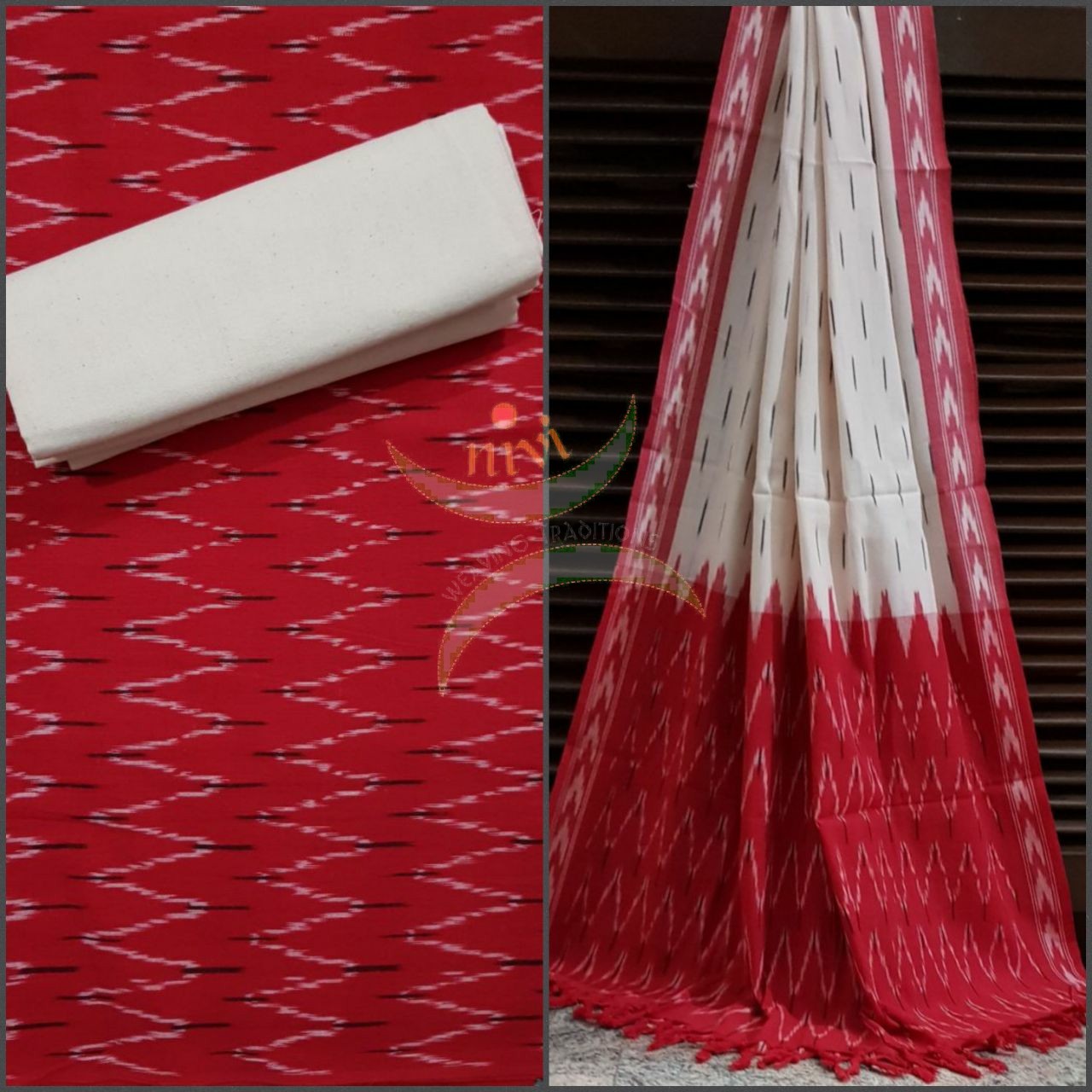 Red and white pochampalli ikat Handloom Cotton 3 piece dress material set.