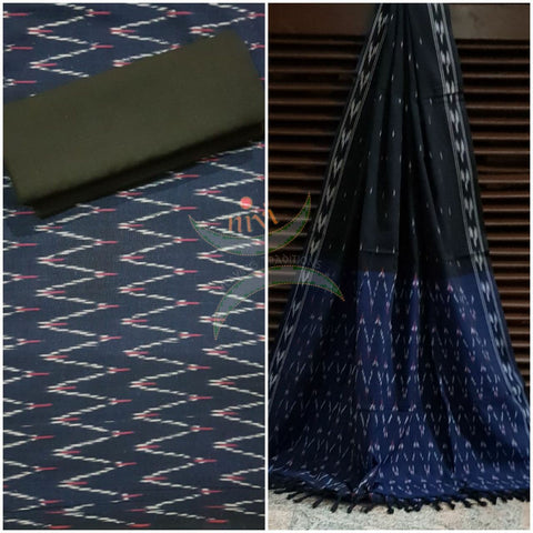 Blue and black pochampalli ikat Handloom Cotton 3 piece dress material set.