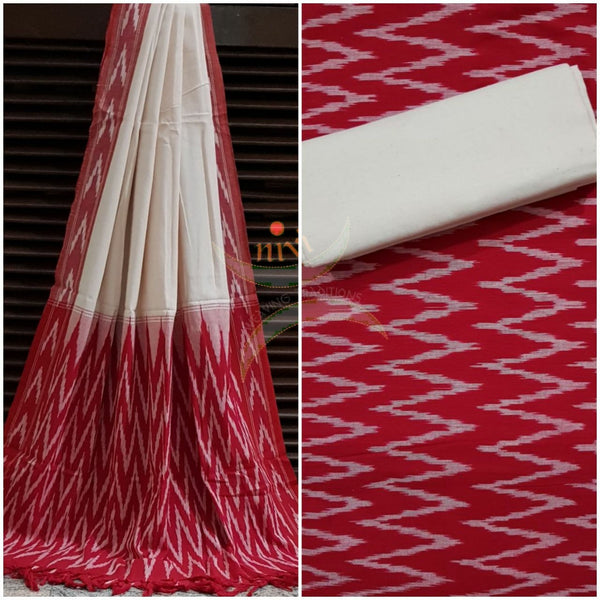 Red and white pochampalli ikat Handloom Cotton 3 piece dress material set.