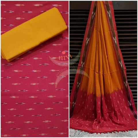 Pink and turmeric yellow pochampalli ikat Handloom Cotton 3 piece dress material set.