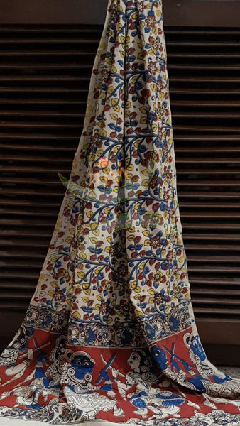 Handloom Mul cotton floral motif print kalamkari with maroon mangalgiri Cotton top.