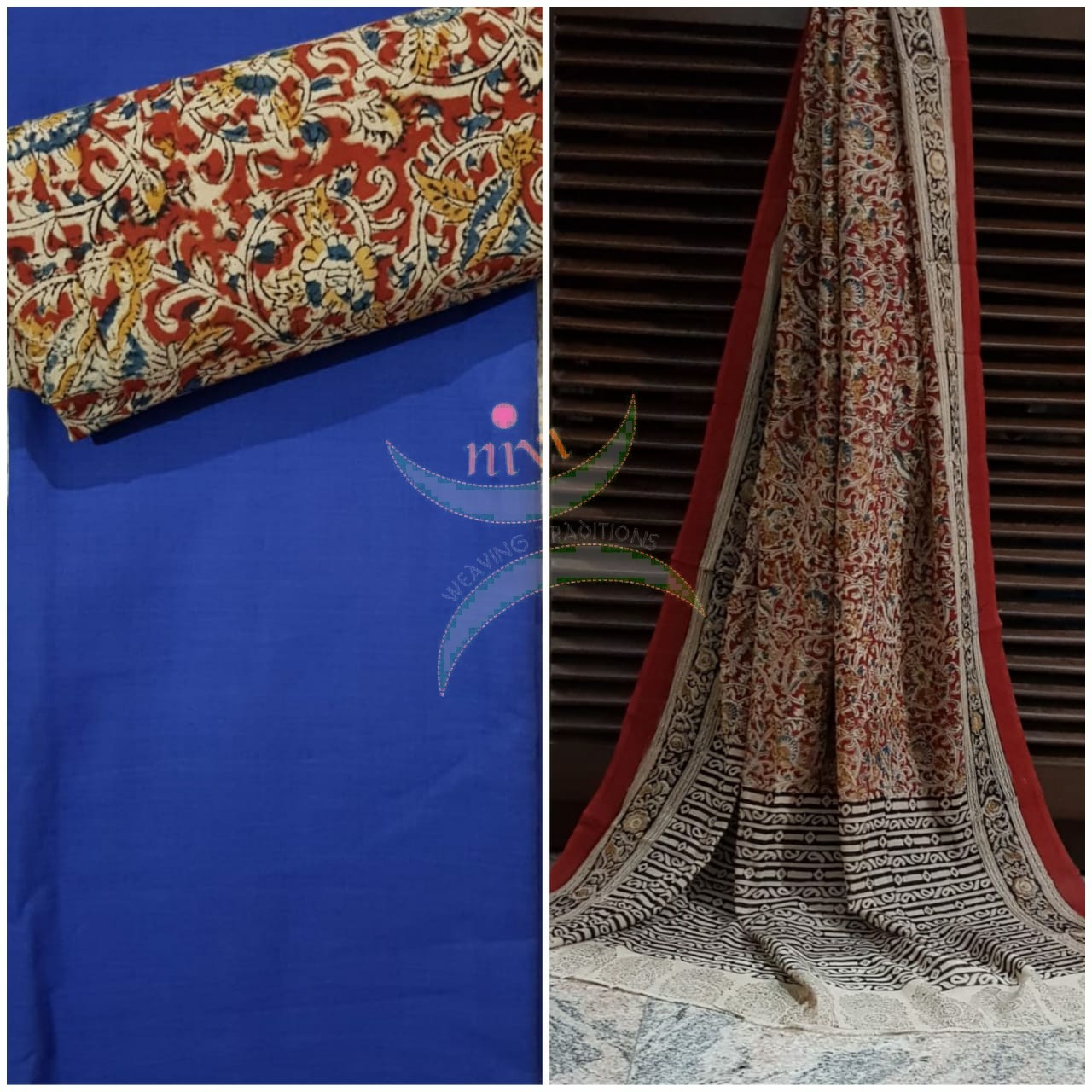 Handloom Mul cotton floral motif print kalamkari with royal blue mangalgiri Cotton top.