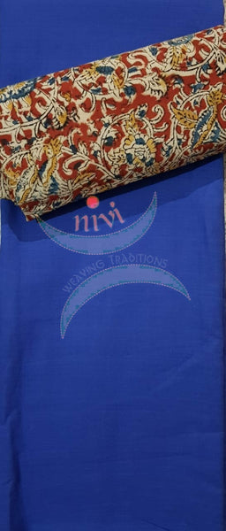 Handloom Mul cotton floral motif print kalamkari with royal blue mangalgiri Cotton top.