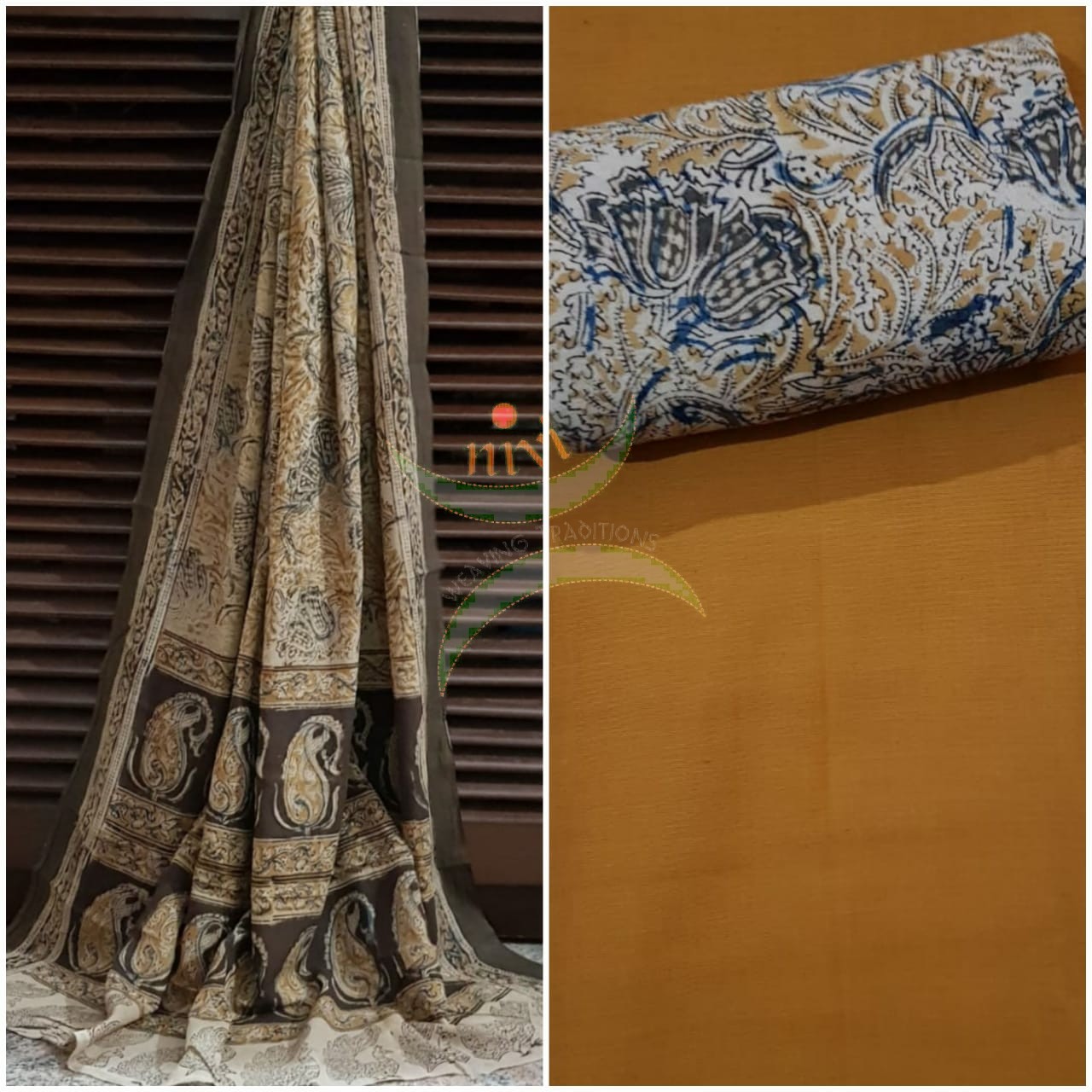 Handloom Mul cotton floral motif print kalamkari with mustard mangalgiri Cotton top.