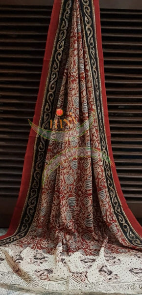 Handloom Mul cotton floral motif print kalamkari with mustard mangalgiri Cotton top.