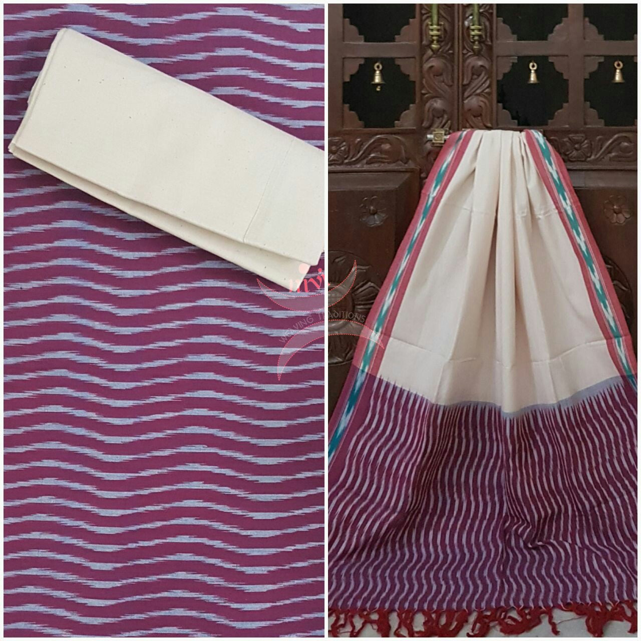 Pink and off white pochampalli ikat Handloom Cotton dress material
