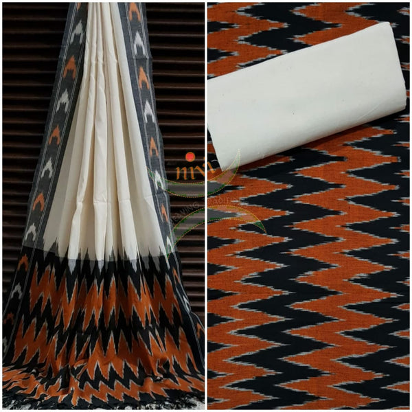 Orange black and off white pochampalli ikat Handloom Cotton dress material