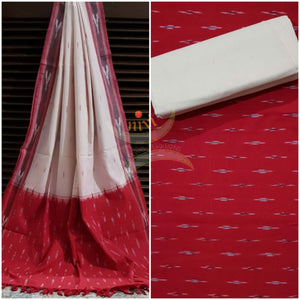 Red and off white pochampalli ikat Handloom Cotton dress material