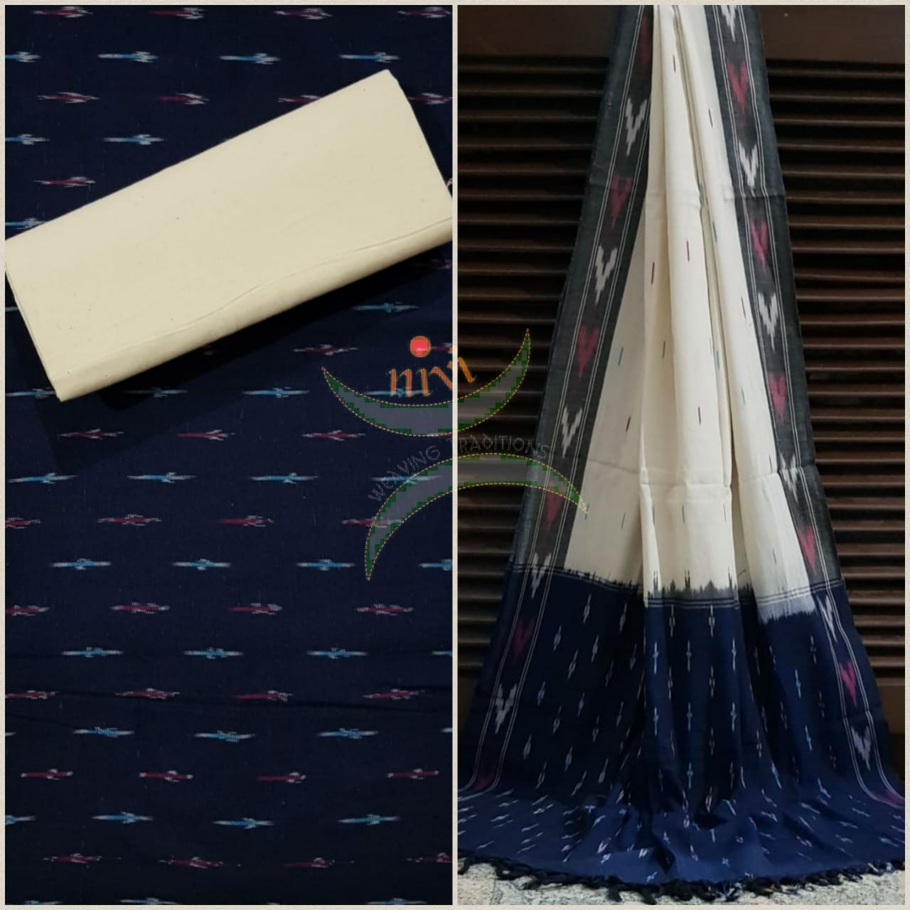 Navy blue and off white  pochampalli ikat Handloom Cotton dress material