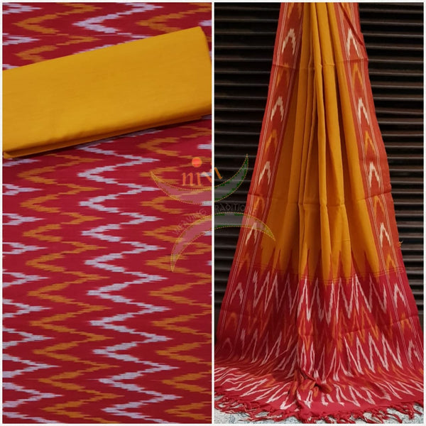 Red and mustard  pochampalli ikat Handloom Cotton dress material