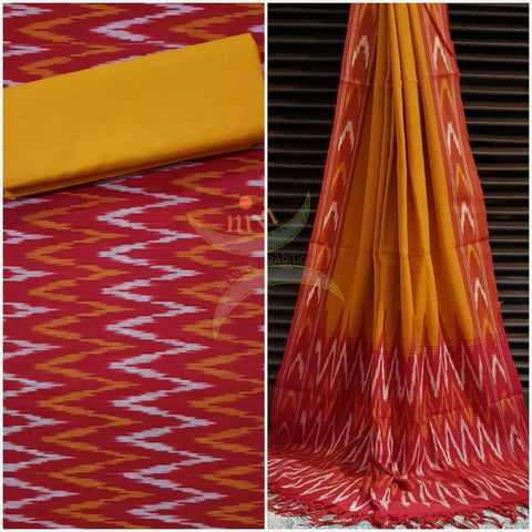 Red and mustard  pochampalli ikat Handloom Cotton dress material