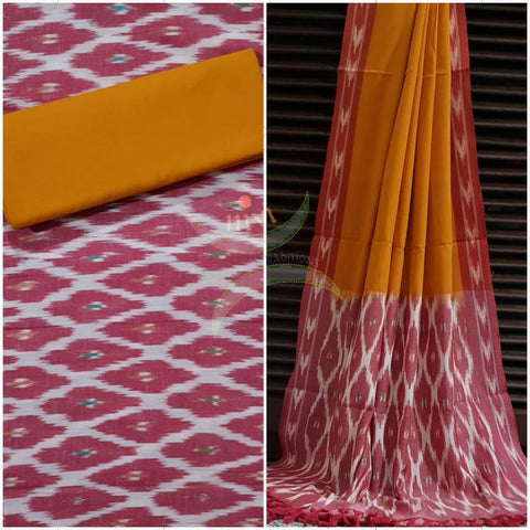 Pink and mustard  pochampalli ikat Handloom Cotton dress material
