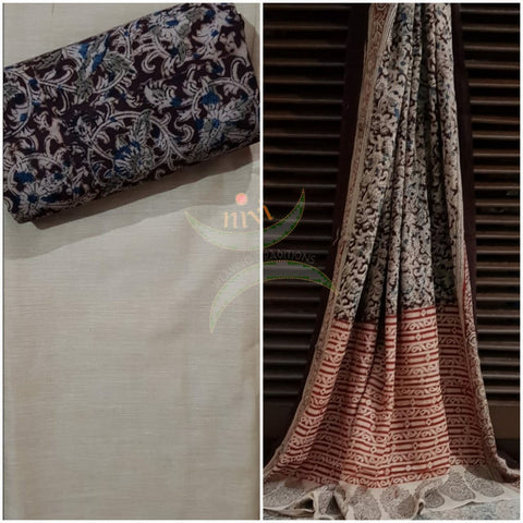 Handloom Mul cotton floral motif print kalamkari with beige mangalgiri Cotton top.