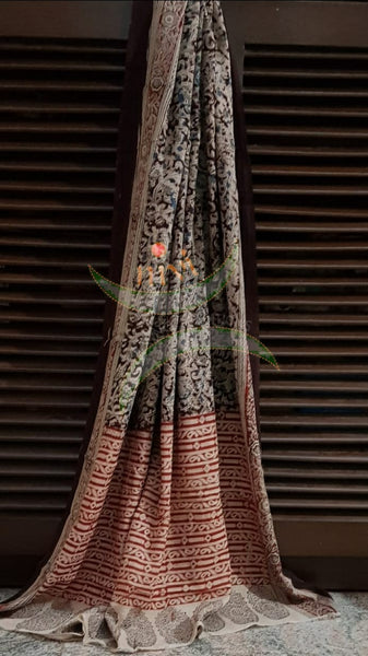 Handloom Mul cotton floral motif print kalamkari with beige mangalgiri Cotton top.