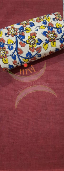 Handloom Mul cotton floral motif print kalamkari with maroon mangalgiri Cotton top.
