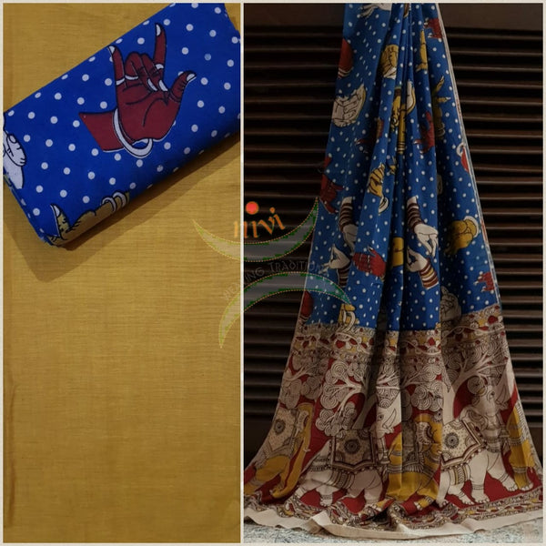 Handloom Mul cotton hand mudra motif print kalamkari with mustard mangalgiri Cotton top.