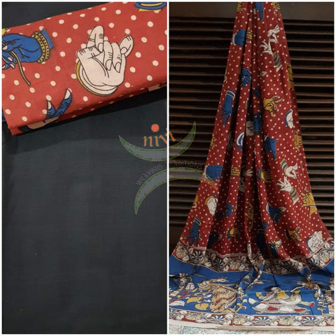 Handloom Mul cotton hand mudra motif print kalamkari with black mangalgiri Cotton top.