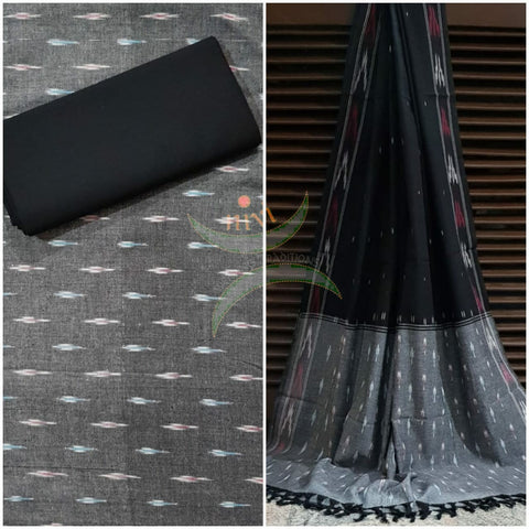 Grey and black  pochampalli ikat Handloom Cotton dress material