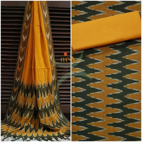 Green and mustard  pochampalli ikat Handloom Cotton dress material