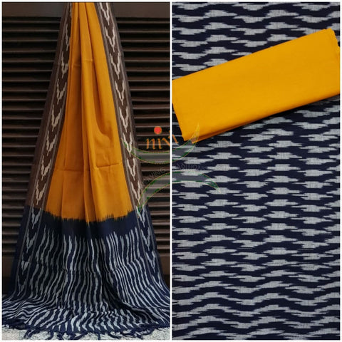 Mustard and Black pochampalli ikat Handloom Cotton dress material