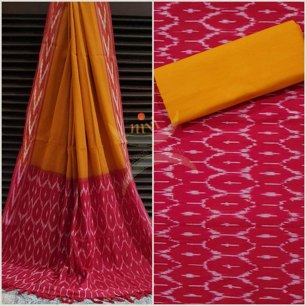 Pinkish red and mustard pochampalli ikat Handloom Cotton dress material