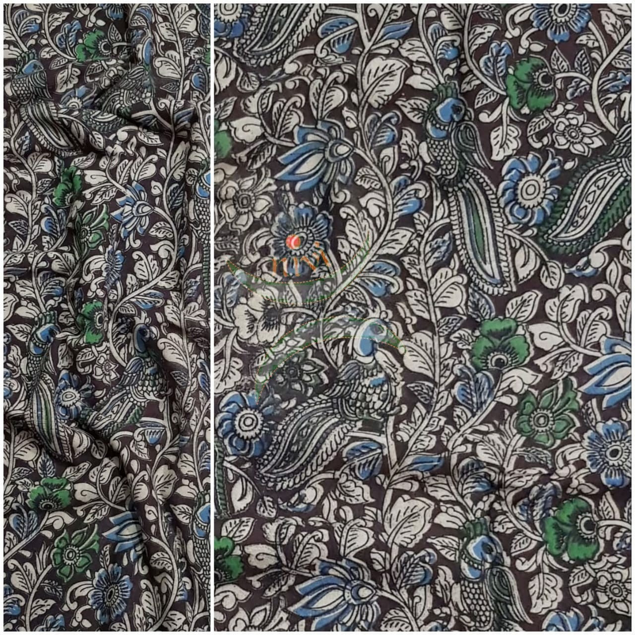 Black Handloom cotton kalamkari fabric with peacock and floral motif