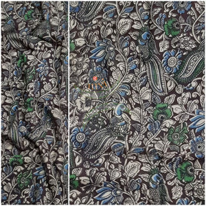 Black Handloom cotton kalamkari fabric with peacock and floral motif