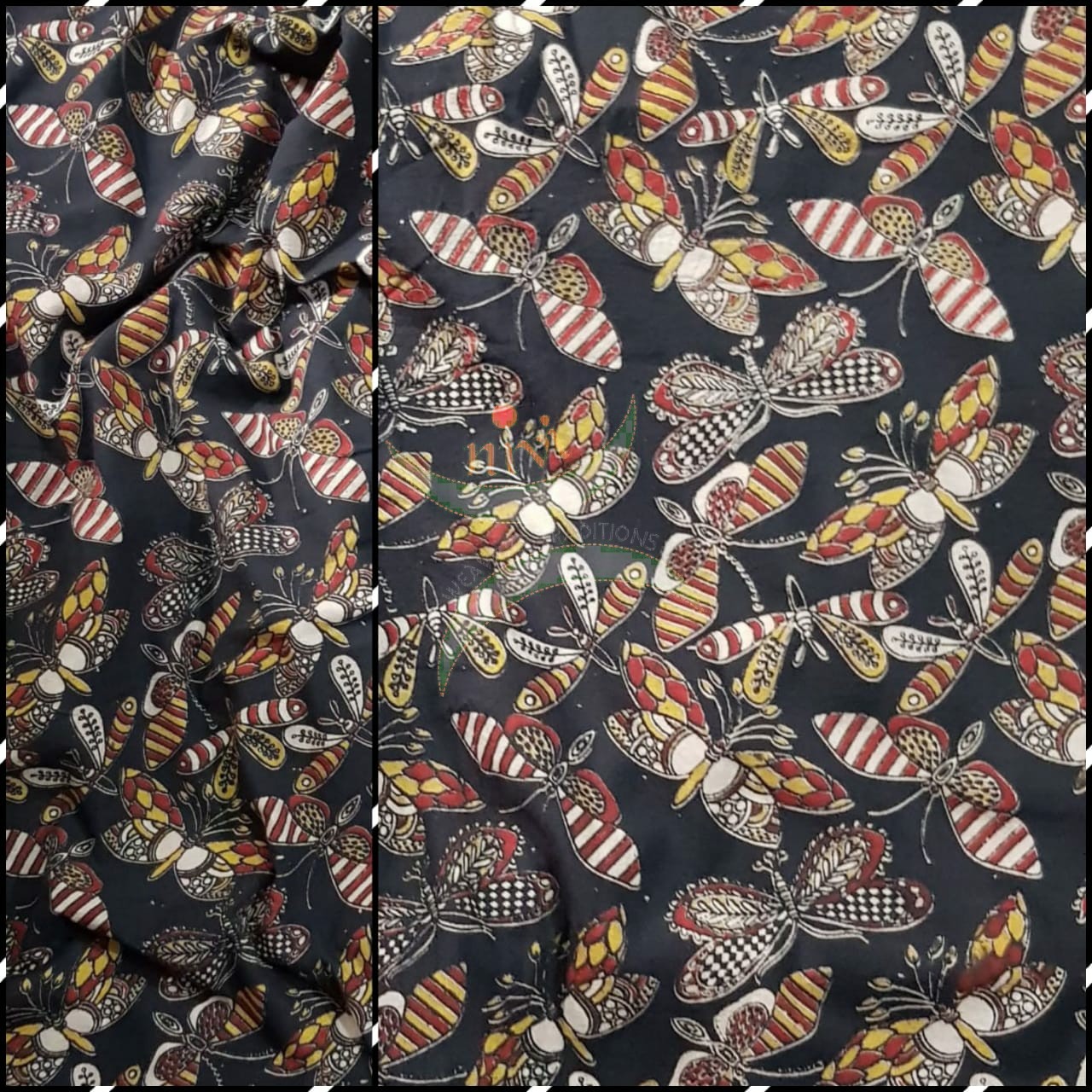 Black handloom cotton kalamkari with butterfly motifs