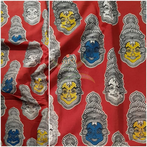 Red handloom cotton kalamkari with kathakali face motifs